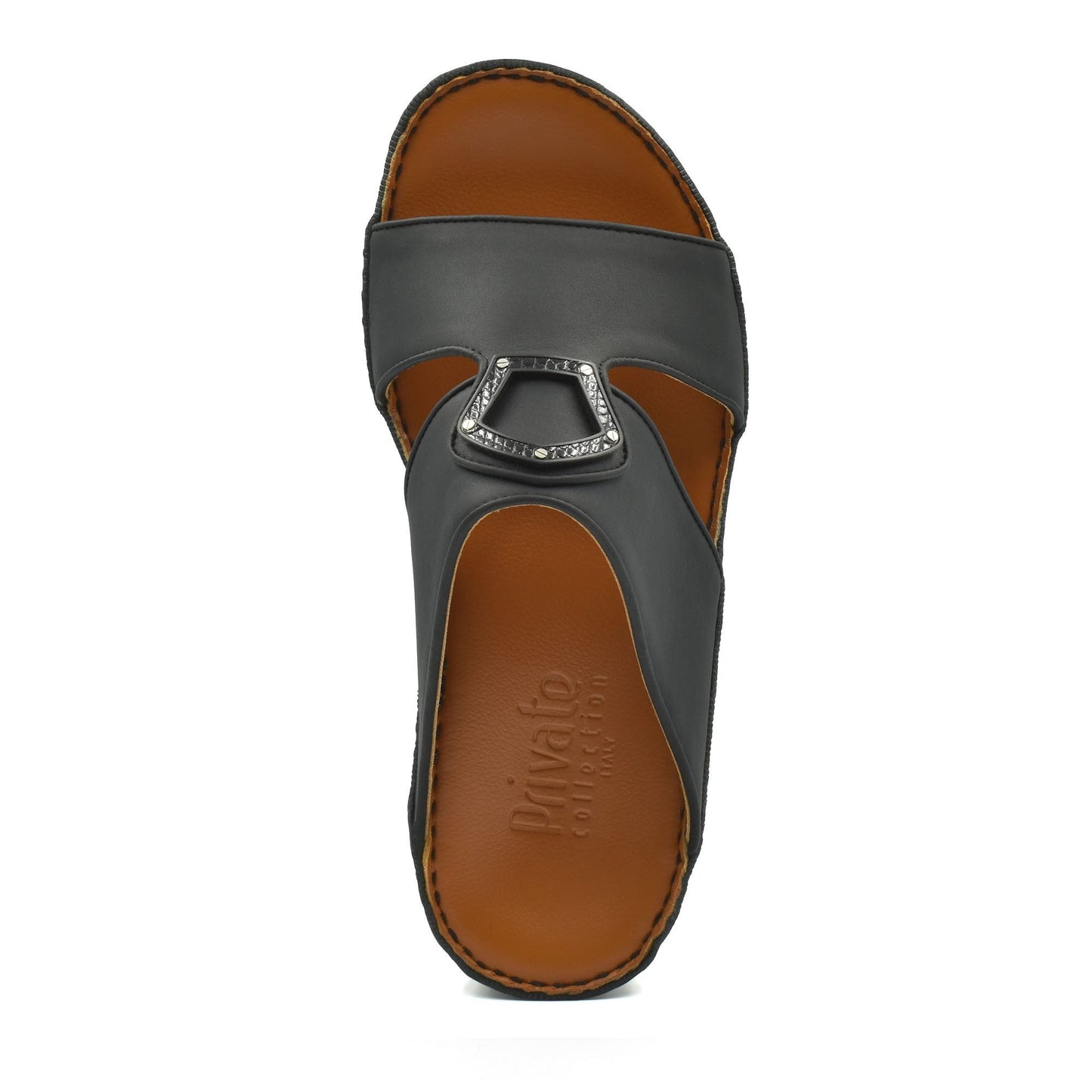 Black Peninsula Taglio sandals with decorative buckle and brown cushioned footbed from Private Collection