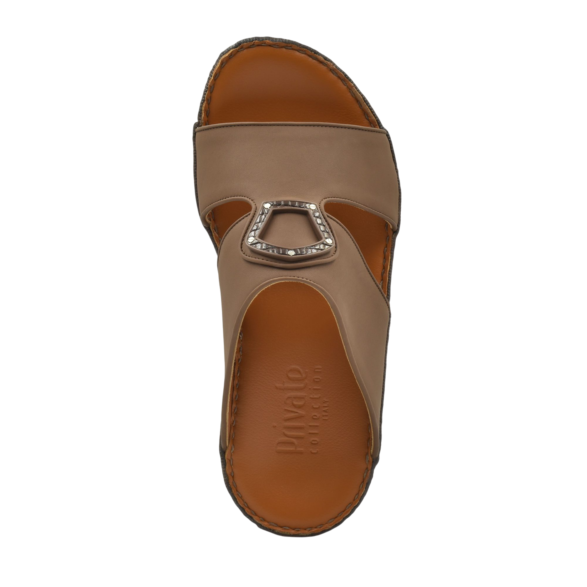 Top view of a brown Peninsula Taglio sandals with decorative buckle and cushioned footbed