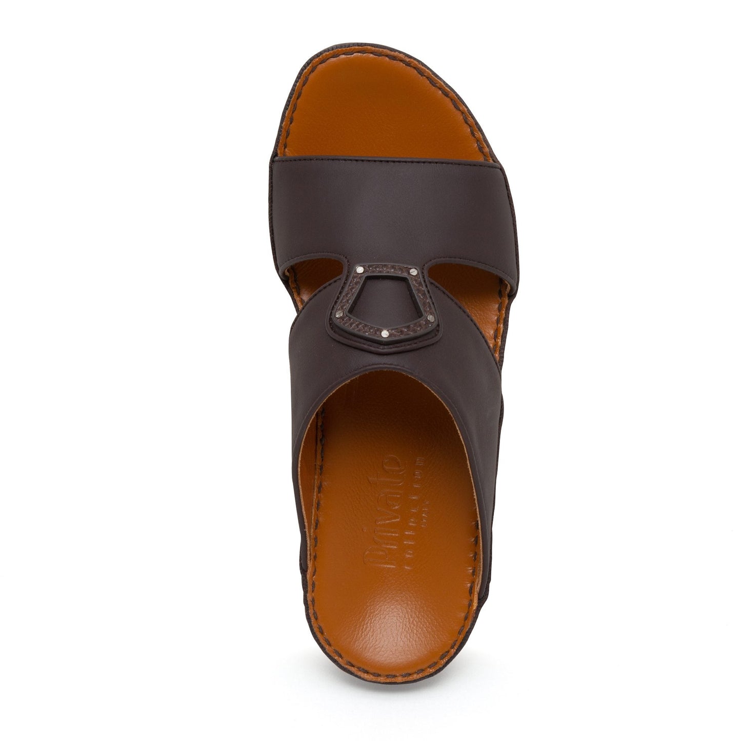 Top view of brown Peninsula Taglio sandals with leather straps and cushioned footbed
