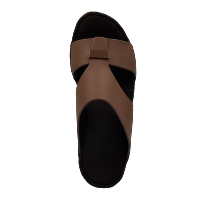 Top view of brown Cerchio Gomato sandals with black sole and minimalist design