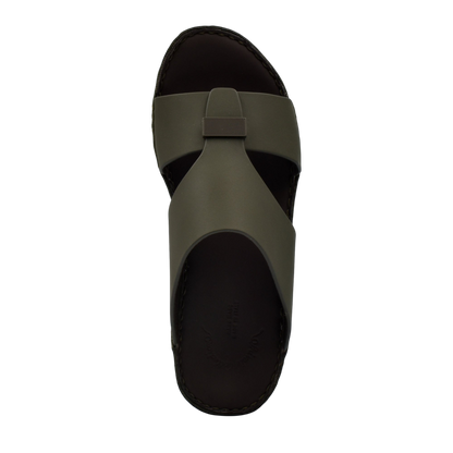 Olive green Cerchio Gomato sandals with black sole and wide cross straps from Private collection