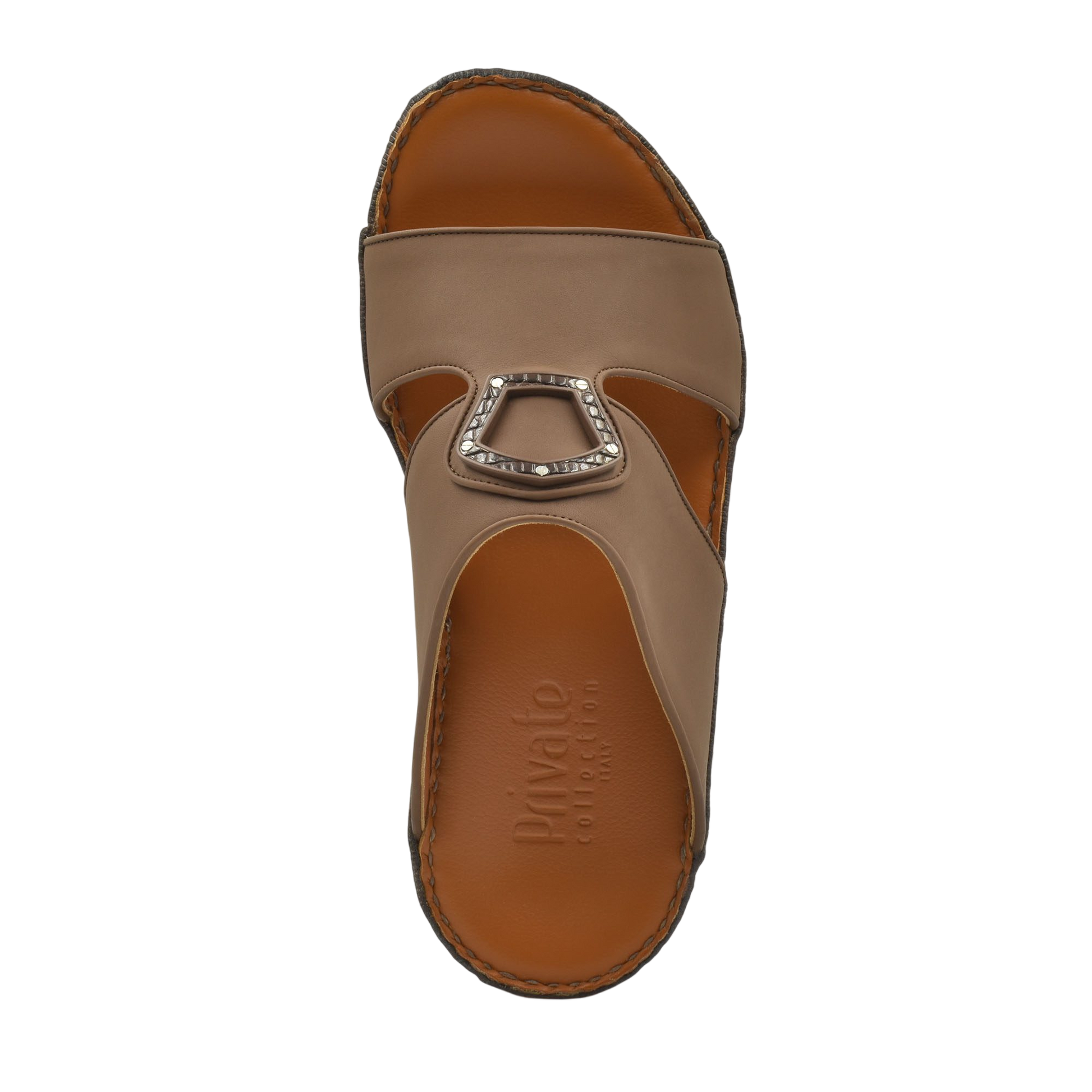 Top view of a brown Peninsula Taglio sandals with decorative buckle and cushioned footbed