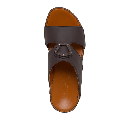 Top view of brown Peninsula Taglio sandals with leather straps and cushioned footbed