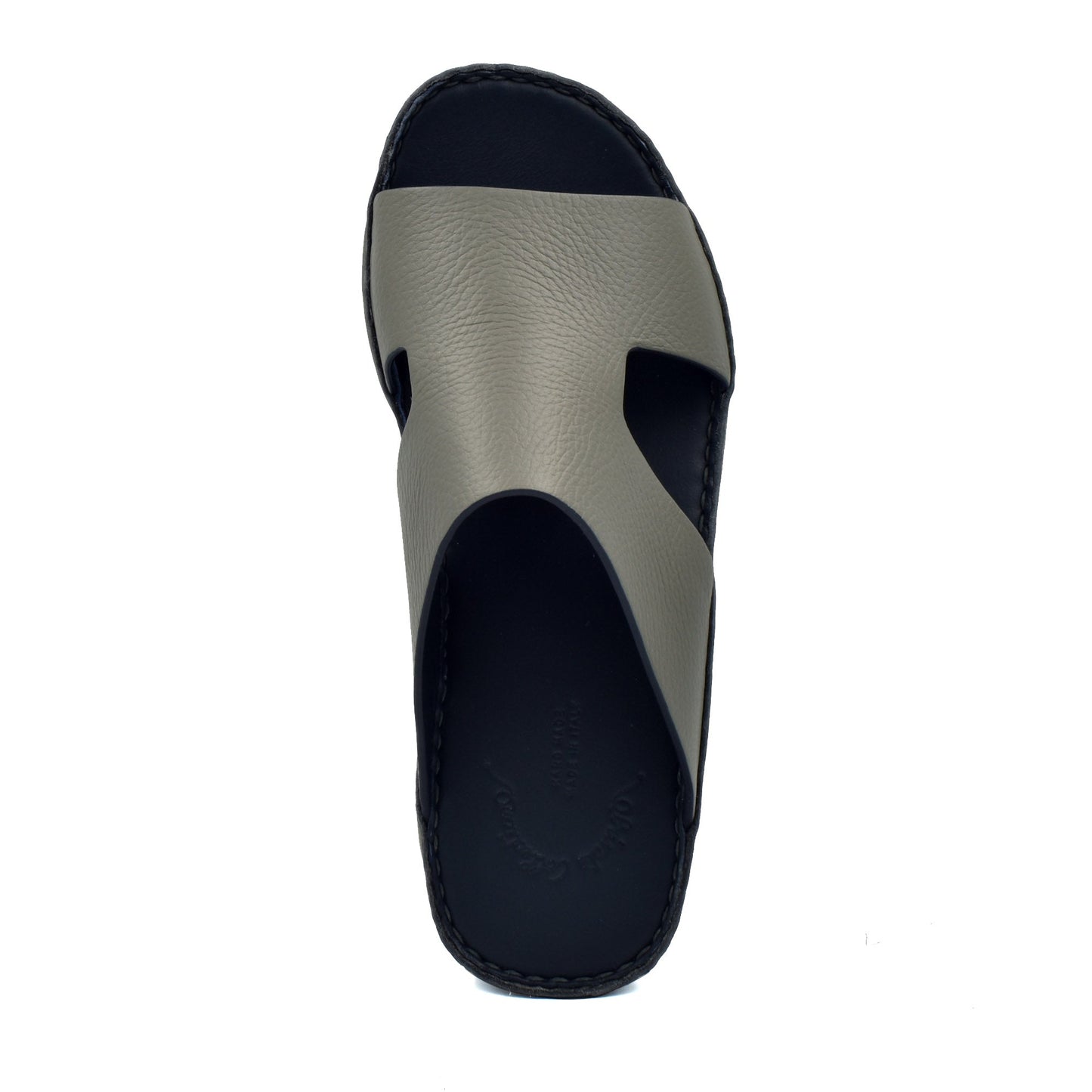 Top view of Private Collection western leather sandals with black sole and gray leather strap