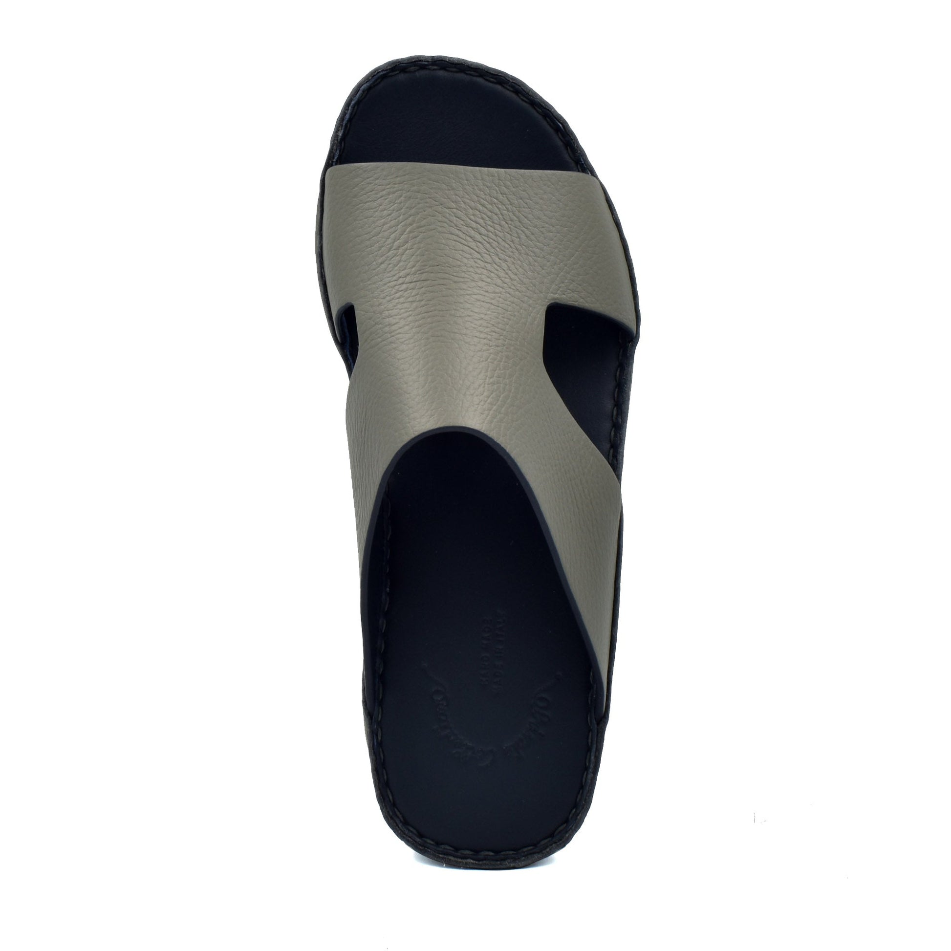 Top view of Private Collection western leather sandals with black sole and gray leather strap