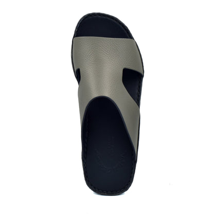 Top view of Private Collection western leather sandals with black sole and gray leather strap