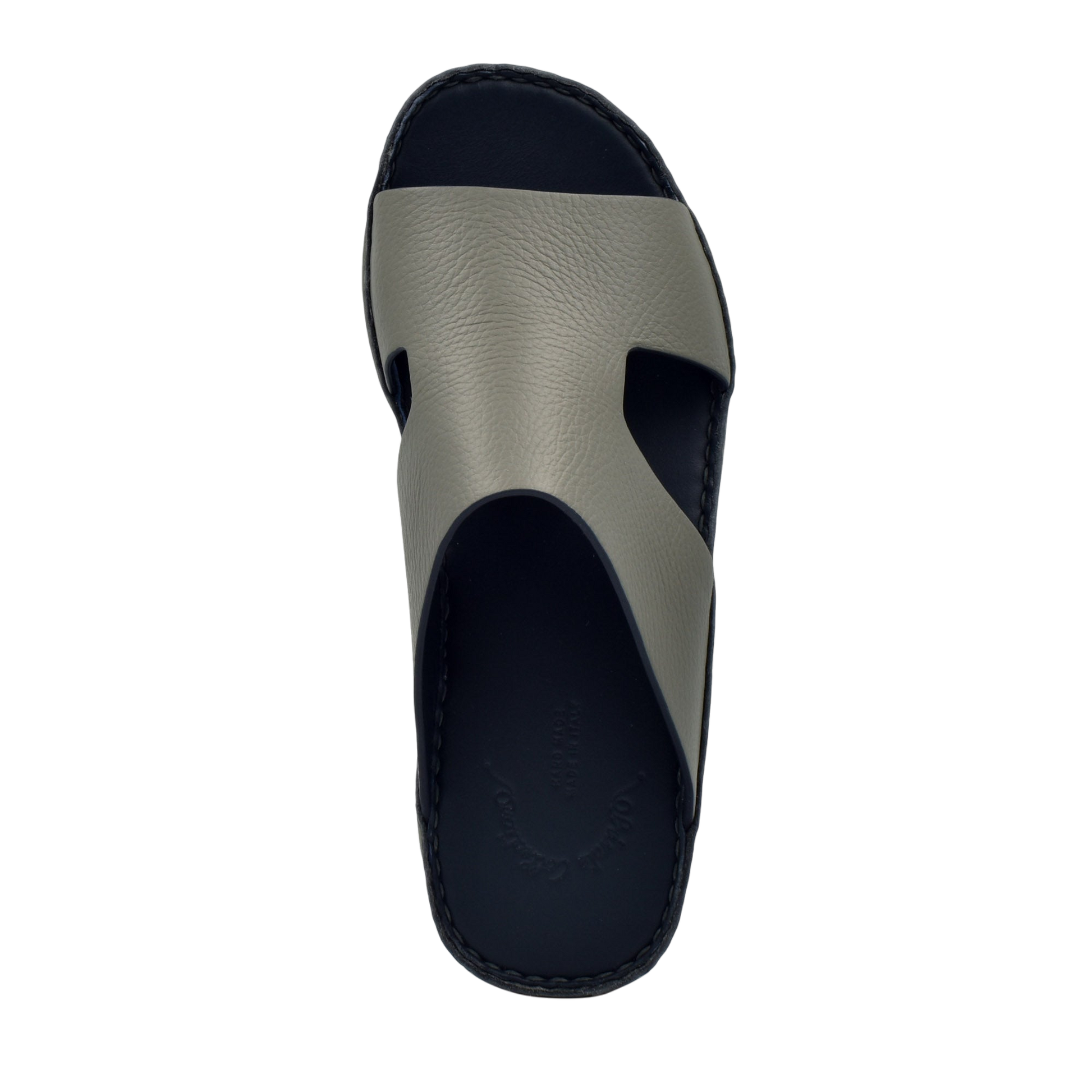 Top view of Private Collection western leather sandals with black sole and gray leather strap