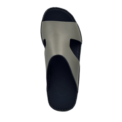 Top view of Private Collection western leather sandals with black sole and gray leather strap