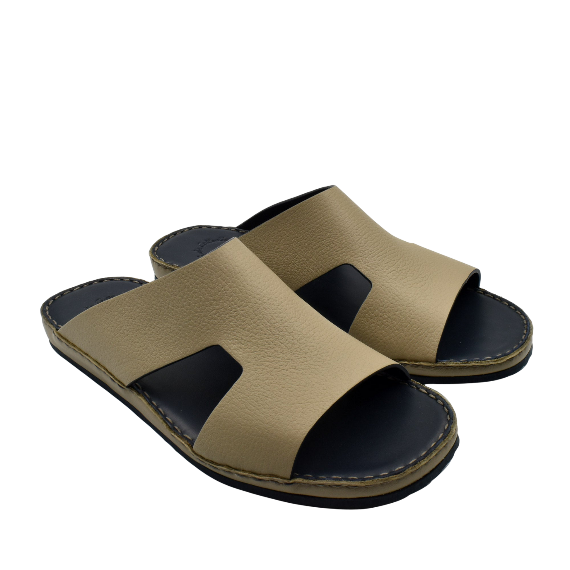 Beige and black Private Collection western leather sandals with open toe and slip-on design
