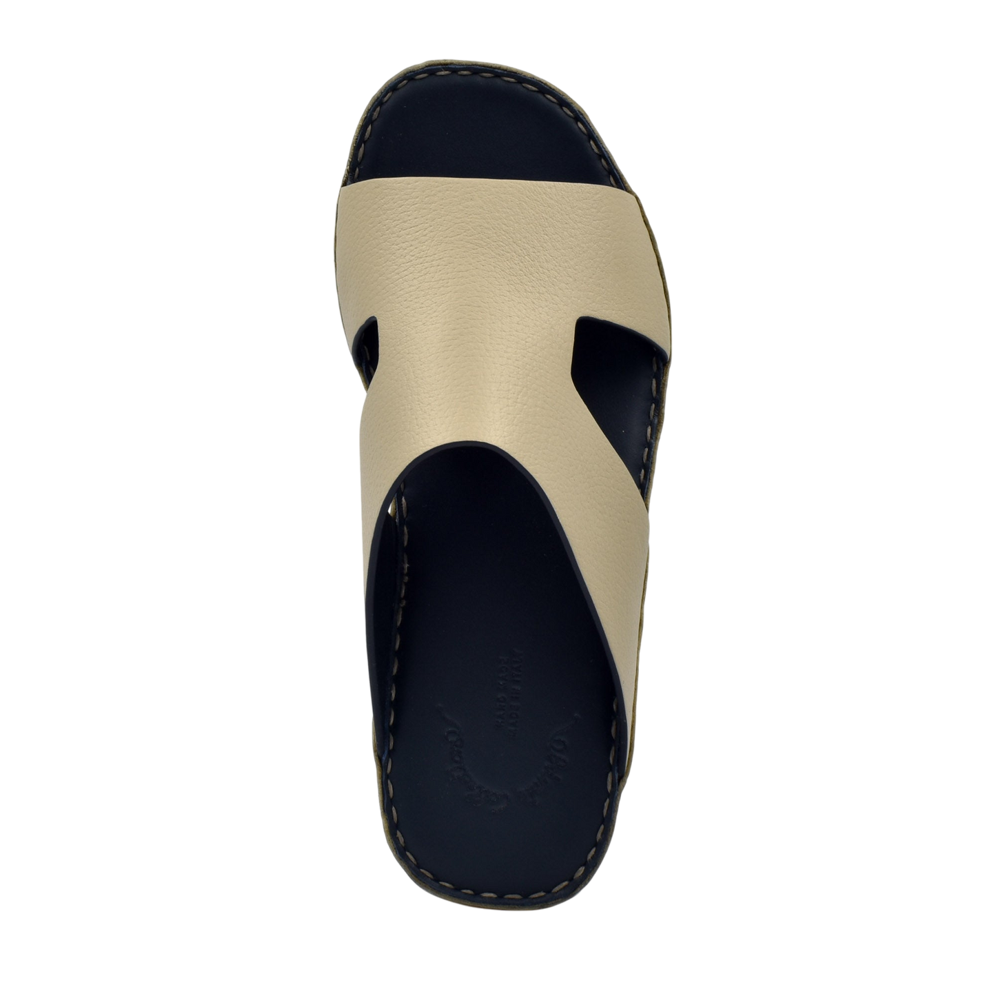 Top view of beige and black Western leather sandals with stitched sole from Private Collection